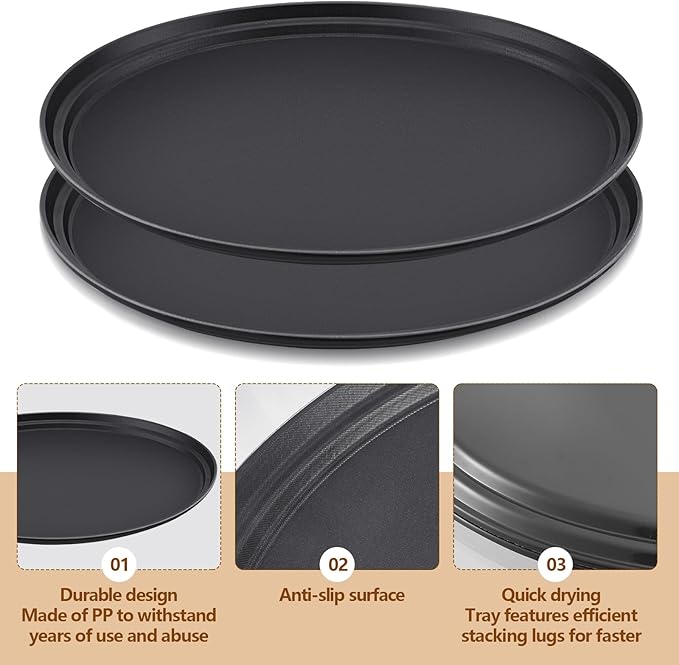 2 Pcs Restaurant Serving Trays PP Plastic Non Slip Rubber Lined Large Oval Tray for Kitchen Dining Room Cafeterias Fast Food Service (27 x 22 Inch,Black)