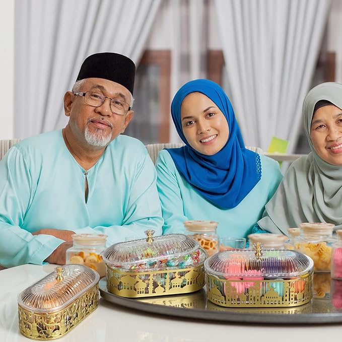4 Pcs Ramadan Trays with Lid Eid Mubarak Gold Plates Dishes Table Decoration Muslim Islamic Serving Trays Metal Dessert Storage Container for Celebration (Ramadan Moon Star)