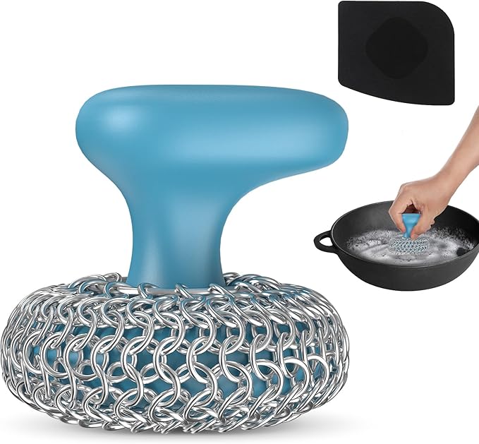 Purgreat Cast Iron Scrubber | Dish Scrub Brush | 316 Cast Iron Cleaner Chainmail Scrubber for Pan Skillet Cleaner - Blue