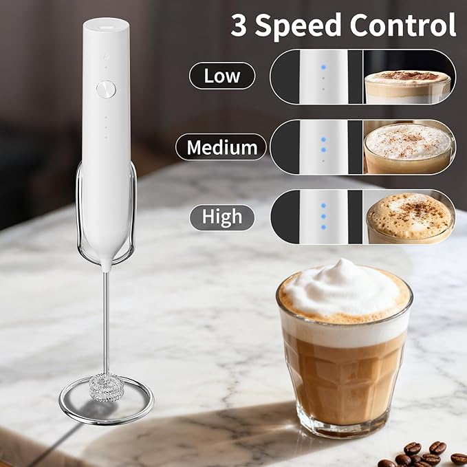 BZPP Kitchen Milk Frother Handheld with Stand, 3 Speeds Adjustable Mixer Electric Handheld Frother Wand, Hand Mixer Matcha Whisk Coffee Stirrers for Matcha, Hot Chocolate, Egg, Lattes - White