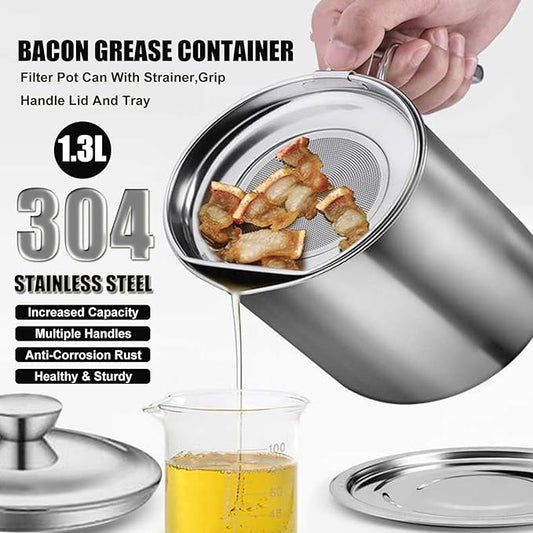 Bacon Grease Container With Removable Strainer Snug Lid Coaster Tray Stainless Steel Oil Container with Handle for frying oil bacon drippings Cooking Grease 1.3L(46 fl. oz.) (Style C)