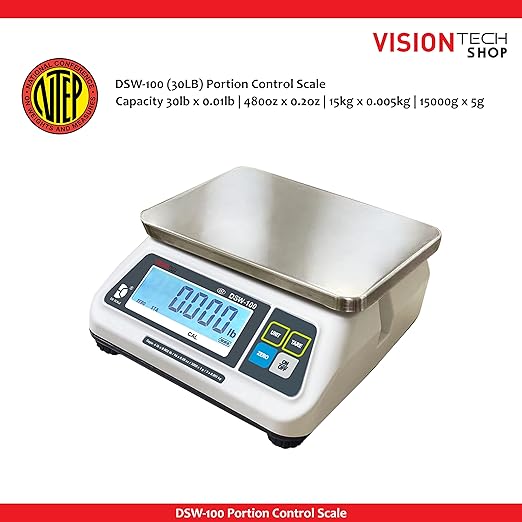 VisionTechShop DSW-100 Portion Food Scale with Dual LCD Display, Stainless Steel Platter, 30lb Capacity, 0.01lb Readability, Lb/Oz/Kg/g Switchable, Low Profile Design, NTEP COC #22-007, NSF Certified