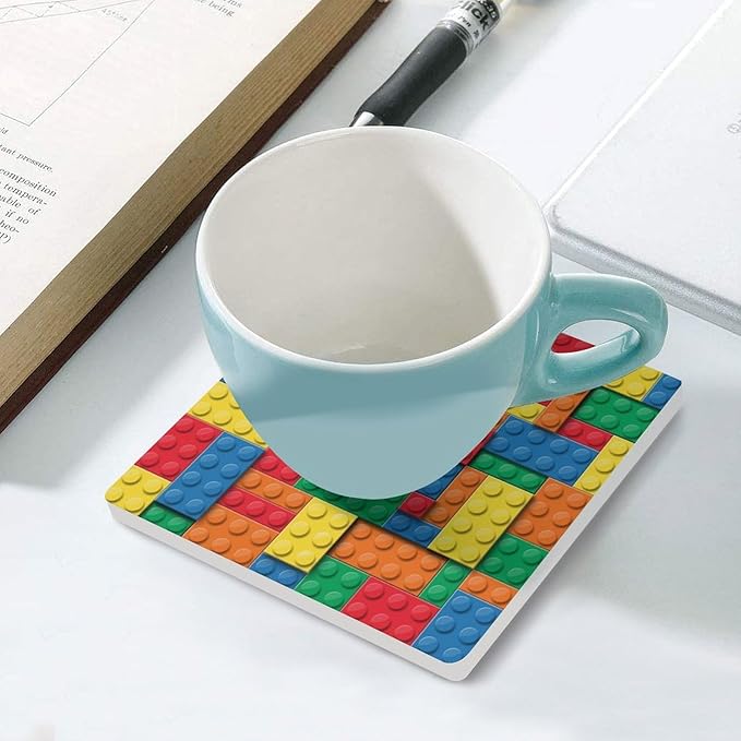 Square-6PCS Gamer Drink Coasters, Square Modern Ceramic Absorbent Coasters, Kids Colorful Building Blocks Toys Decor Desk Coffee Table Coaster for Beverage Cup Tea Coasters
