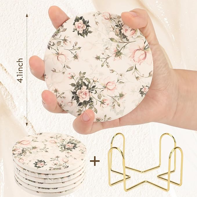Coasters for Drinks, Set of 6 with Holder, Topdea Floral Rose Absorbent Ceramic Coasters, House Waming Gifts, Room Decor and Accessories