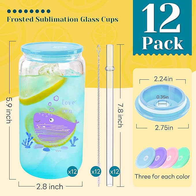 Joyclub 12 Pack Clear Sublimation Glass Cups Blanks 16 OZ Borosilicate Can Glass Tumblers with Acrylic Lids for Beer, Juice, Soda, Iced Coffee
