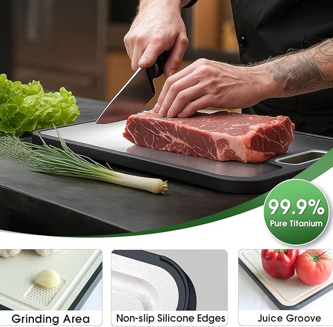 Titanium Cutting Board for Kitchen, Cutting Board Double Sided Food Grade, Pure Titanium/PP,Chopping Board for Meat Vegetable Fruit,Easy to Clean,Kitchen Gifts(16''x11'')