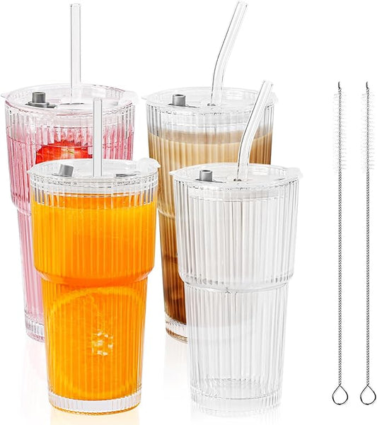 4 Pack 20 Oz Glass Cups with Lids and Straws Iced Coffee Cups Vintage Ribbed Glassware for Beer Ice Coffee Fruit Juice Elegant Aesthetic Cup Glass Iced Coffee Tumbler Include 2 Cleaning Brushes