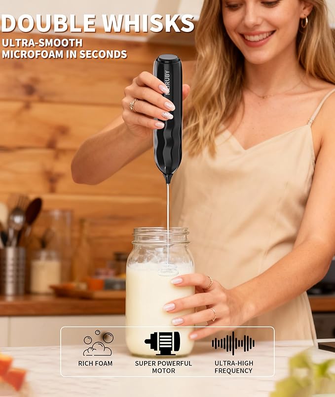 MEIRUBY 2-Pack Handheld Milk Frother with Stand, Powerful Electric Foam Maker, Coffee Lover Gift for Lattes, Cappuccino, Matcha & Hot Chocolate, Black/Pink