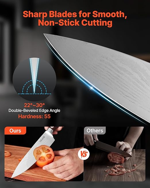 VEVOR Kitchen Knife Set with Block and Sharpener, 15 Piece High Carbon Stainless Steel Knife Set, Rust-Resistant Kitchen Cutlery with Ergonomic Handle, Sharpening Rod & Premium Wooden Block, for Home