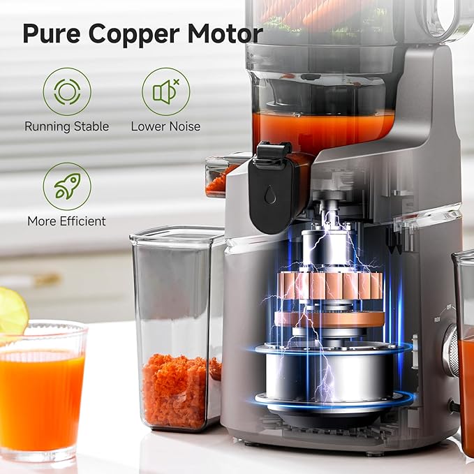 AMZCHEF Juicer Machines, 5.8" Extra Self-Feeding Cold Press Juicer for Whole Vegetable & Fruit, Juice Extractor Machine with Large Auger & Triple Strainers, Easy to Clean, High Juice Yield, Grey