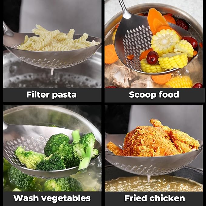 MARTE Skimmer Slotted Spoon -17in 304 Stainless Steel Pasta Spider Strainer Skimmer Ladle Spoon for Cooking and Frying - Large Kitchen Metal Scoop Colander Strainer Spoon with Black Wooden Handle
