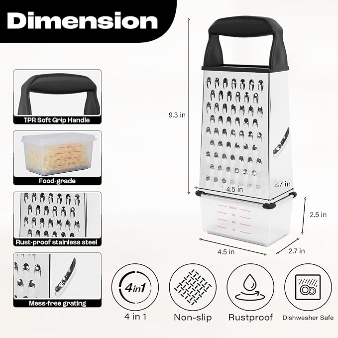 Professional Box Cheese Grater with Container & Handle – Durable Stainless Steel Cheese Shredder for Kitchen, Multi-Sided Food Chopper for Kitchen Use – Black