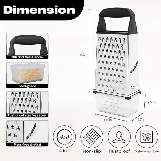 Professional Box Cheese Grater with Container & Handle – Durable Stainless Steel Cheese Shredder for Kitchen, Multi-Sided Food Chopper for Kitchen Use – Black