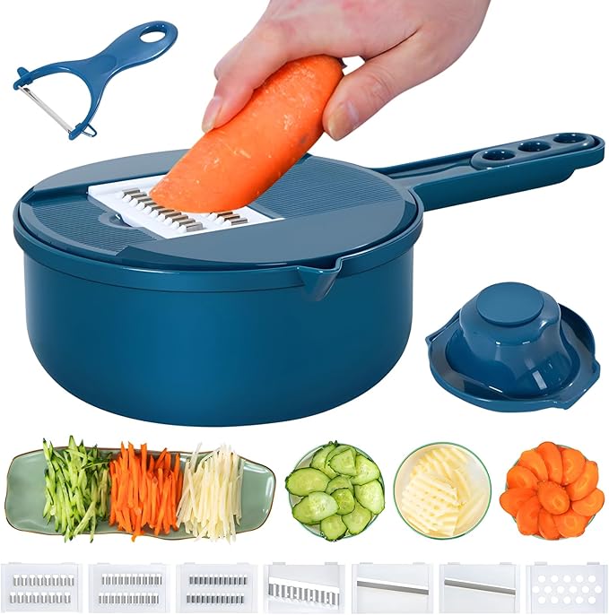 Mandoline Food Slicer, Multifunctional Vegetable Slicer Cutter with Hand Protector, Vegetable Shredder for Potato, Tomato, Carrot (Blue-9 in 1)