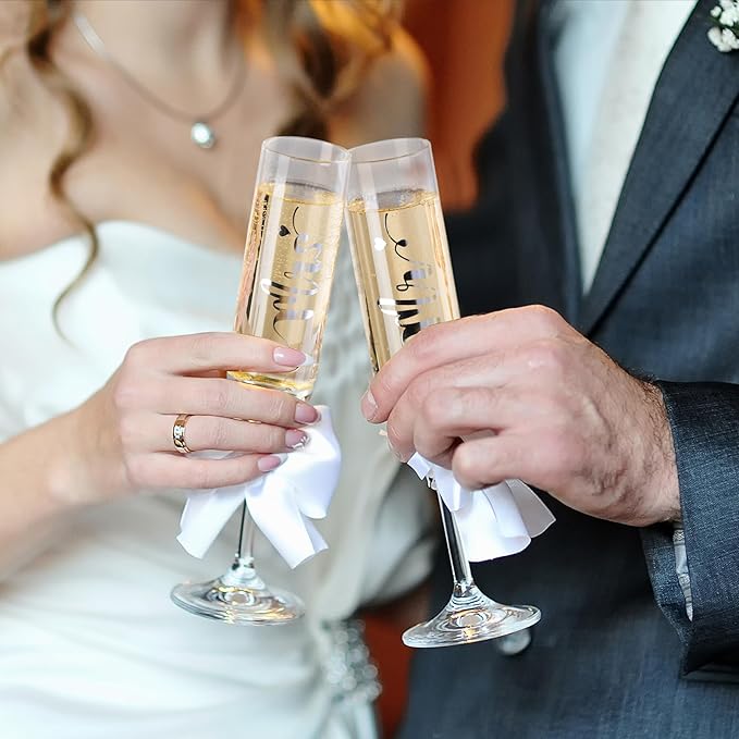 Wedding Cake Knife and Server Set, Mr and Mrs Champagne Flutes & Forks with Wooden Box, Silver Cake Cutting Set for Wedding Engagement Bridal Shower Gifts