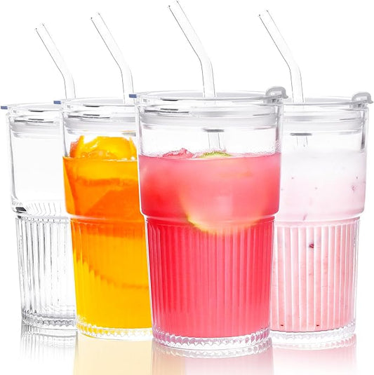 Ribbed 16 oz Glass Tumbler with Lids and Straws Ribbed Drinking Glasses Cup Leak Proof Iced Coffee Glass Set of 4 for Soda Smoothie Juice