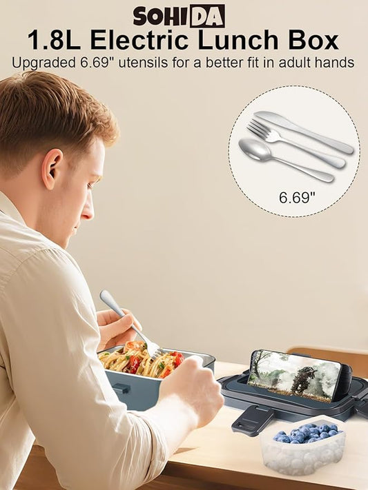 1.8L+0.5L Heated Lunch Box for Men, 80W Electric Lunch Box with Long-handled Utensils for Adults, 12V/24V/110V Lonchera Eléctrica Portátil, Portable Food Warmer for Car/Truck/Office (Deep Blue)