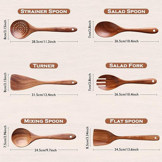 Wooden Utensil Set 6Pcs Wooden Spoons for Cooking, Natural Teak Wood, Non-Stick, Smooth Finish, Easy to Clean, Comfort Grip, Kitchen Wooden Cooking Utensils Set