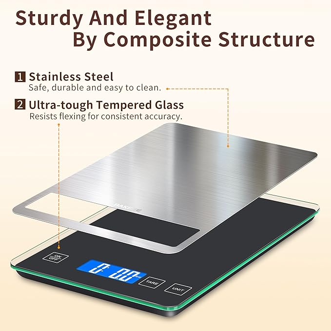 BakFee Food Scale, 33lb Digital Kitchen Scale with Stainless Steel & Tempered Glass, USB Rechargeable, 1g / 0.05oz Precise Graduation, Waterproof and Sturdy Surface, for Cooking, Baking, Weight Loss