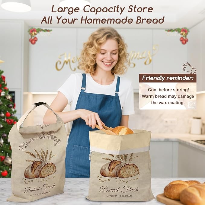 Beeswax Bread Bags for Sourdough, 2 Pack Reusable Bread Bag for Storage XL 17x13 Inch, Large Linen Bags for Homemade Sourdough - Keep Fresh, Freezer Safe