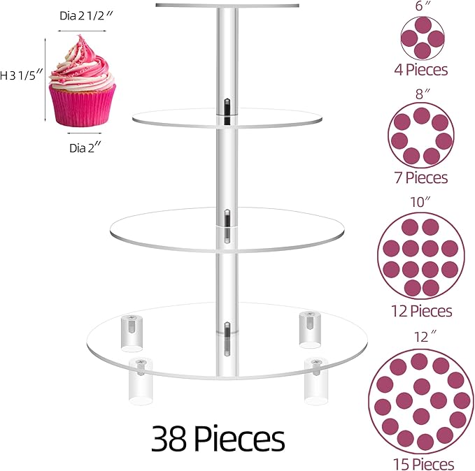 Jusalpha 4 Tier Round Wedding Acrylic Cupcake Stand Tree Tower Cup Cake Display (4 Tier (Tall version))