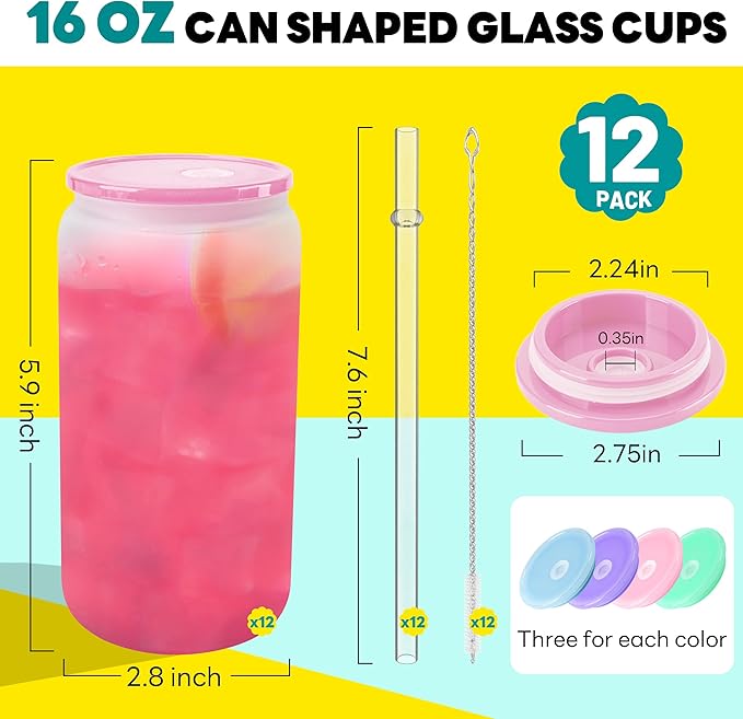 Joyclub 12 Pack Sublimation Blanks Bulk Frosted Glass Cups with Acrylic Lids16 OZ Borosilicate Can Glass Tumblers Wholesale for Beer Juice Soda Iced Coffee DIY Gifts