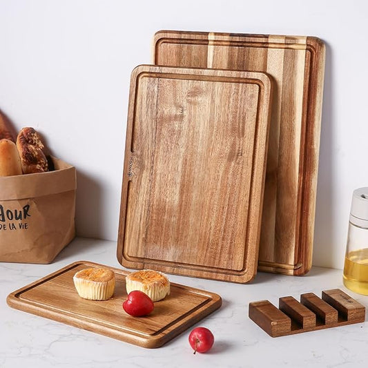 YUSOTAN Wood Cutting Board Set of 3 for Kitchen, Acacia Wooden Cutting Boards, Thick Chopping Board with Deep uice Groove Butcher Block, Wooden Trays for Meat, Fruit and Cheese