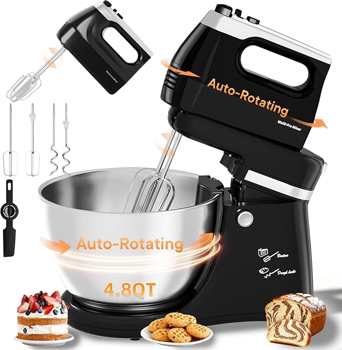 Stand Mixer Hand Mixer Kitchen Electric - 2-IN-1 4.8 QT Auto-Rotating Bowl & Beater Tilt-Head Standing Mixer, 250 Watt 5-Speed with Turbo Boost Household Mixer with Beaters & Dough Hooks for Baking