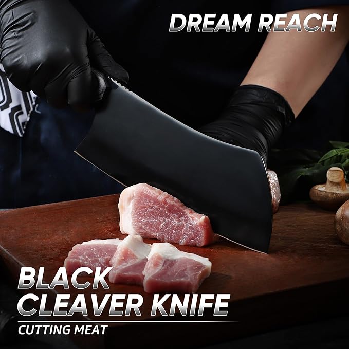 Dream Reach Meat Cleaver Knife- Full Tang Hand Forged Black Butcher Knife for Kitchen BBQ, Birthday Mother Father Gift