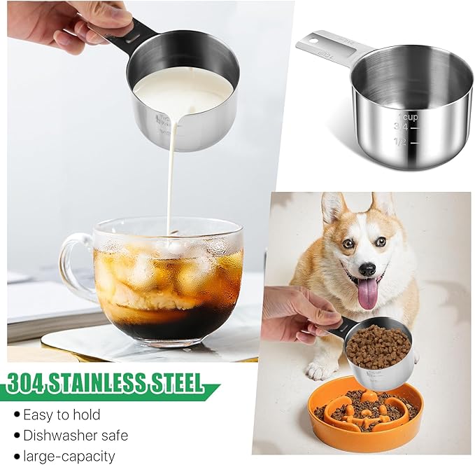 1 Cup Stainless Steel Measuring Cup, 4 Pcs 240 ml Single Measuring Cups Metal Measure Scoop, Kitchen Cooking Gadgets for Wet and Dry Ingredients (8 oz, 240 cc)