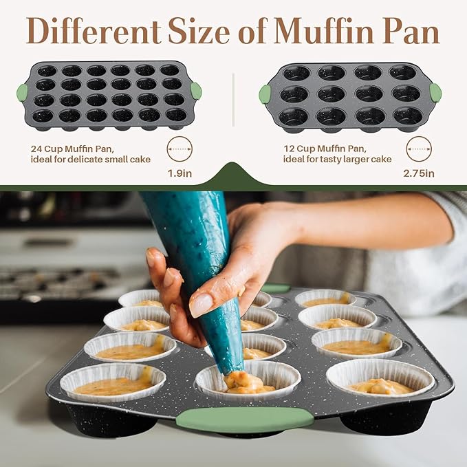 Slow Slog 11-Piece Nonstick Bakeware Set, Stackable & Oven-Safe Kitchen Baking Pans with Silicone Handles - Includes Cookie Sheet, Cake Pan, Muffin Tin, Pizza Stone & Bread Loaf Pan, Dark Green&Black