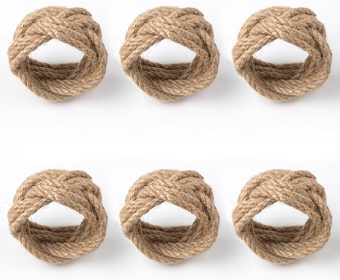 Natural Burlap Napkin Rings Set of 6 - Woven Rustic Napkin Rings for Farmhouse Dining Table Decor