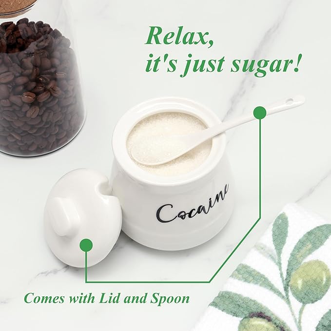 Ceramic Sugar Bowl with Lid and Spoon - Funny Sugar Container with Lid and Spoon for Coffee Bar Decor, 12 oz Sugar Jar Sugar Dispenser Gag Gift (White)