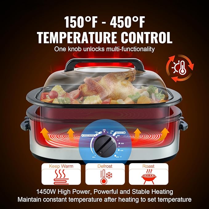 VEVOR Electric Turkey Oven, 26 QT Capacity with Auto-Basting Cover, 1450W, Features Defrost & Keep Warm Settings, Temperature Control, Includes Detachable Pan & Rack, Accommodates Up to 30LBS Turke