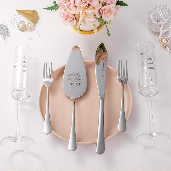 Wedding Cake Knife and Server Set, Mr and Mrs Champagne Flutes & Forks with Wooden Box, Silver Cake Cutting Set for Wedding Engagement Bridal Shower Gifts