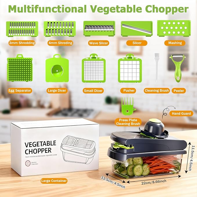 15 in 1 Manual Vegetable Chopper with Container, Veggie Slicer Dicer Set with 10 Sharp Blades, Heavy Duty Food Chopper for Meal Prep, Onion & Potato Cutter, No-Slip Base, Easy Clean Kitchen Gadget