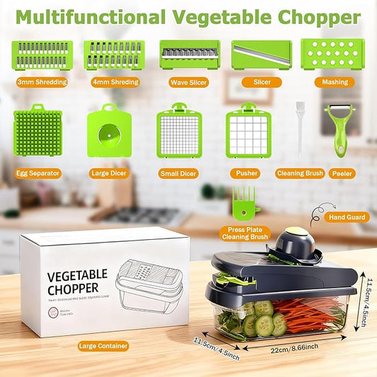 15 in 1 Manual Vegetable Chopper with Container, Veggie Slicer Dicer Set with 10 Sharp Blades, Heavy Duty Food Chopper for Meal Prep, Onion & Potato Cutter, No-Slip Base, Easy Clean Kitchen Gadget