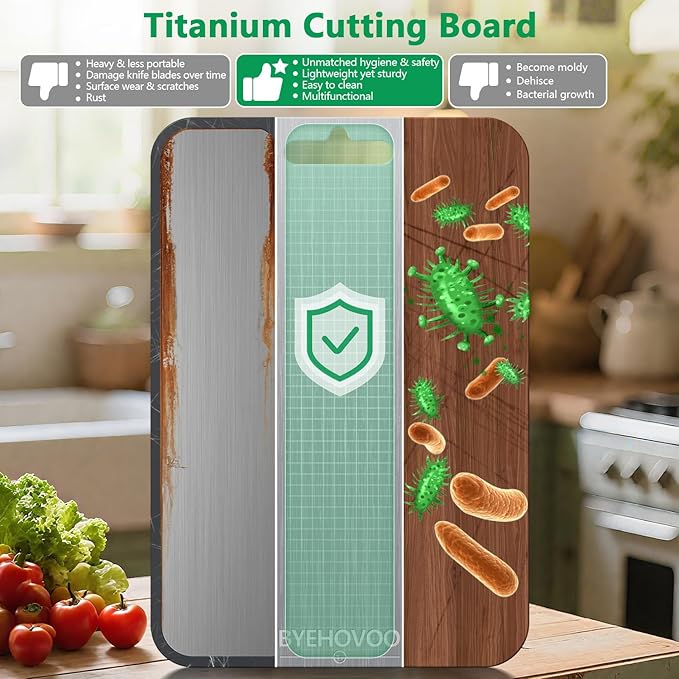 Titanium Cutting Board for Kitchen, Double Sided Pure Titanium Cutting Board | Easy to Clean | Dishwasher Safe | Food-Grade Raw & Cooked Foods or Outdoor Camping Chopping Board (13.4 x 9 inch)