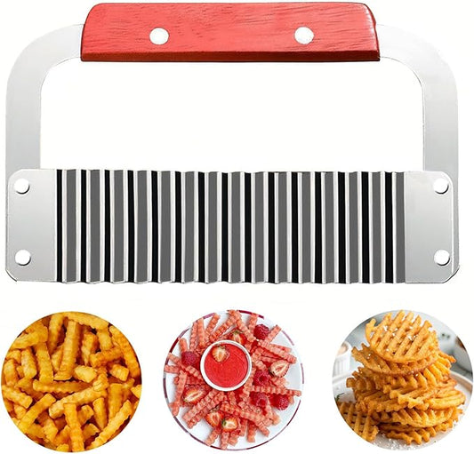FANTEXY Extra Large Crinkle Cutter - French Fry Cutter, Waffle fry Chopper for Carrots And Potatoes, Wavy Crinkle Cutting Knife with Wood Handle for Professional Kitchens for Fruit
