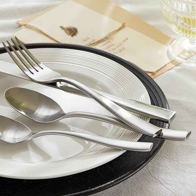 HIKAA Forged Silverware Set Stainless Steel Flatware Set,Service for 4,Matte Satin Polished Cutlery Set,Dishwasher Safe (Mattle Silver, 5PCS)
