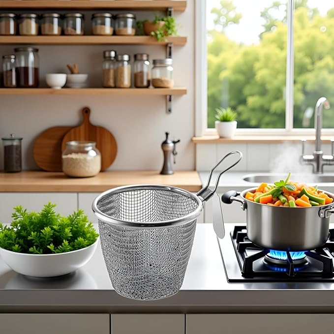 Stainless Steel Pasta Basket, Mesh Spider Food Dumpling Noodle Strainer, Fine Mesh Strainer with Handle