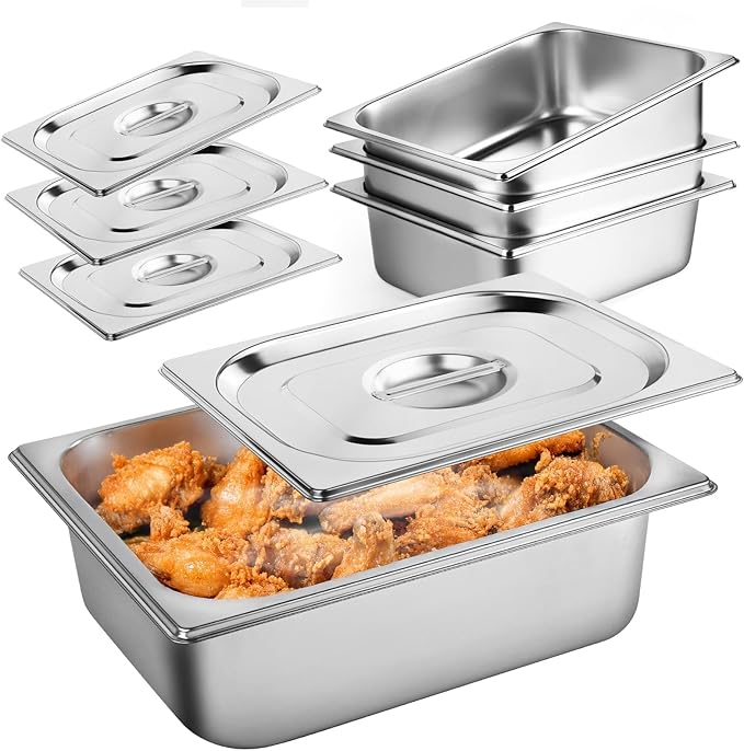 West Bay 4 Pack 1/2 Half Size Hotel Pan with Lids, 4'' Deep Steam Table Pan with Lid, 12.8''L x 10.4''W Stainless Steel Pans for Home, Party, Hotel, Buffet