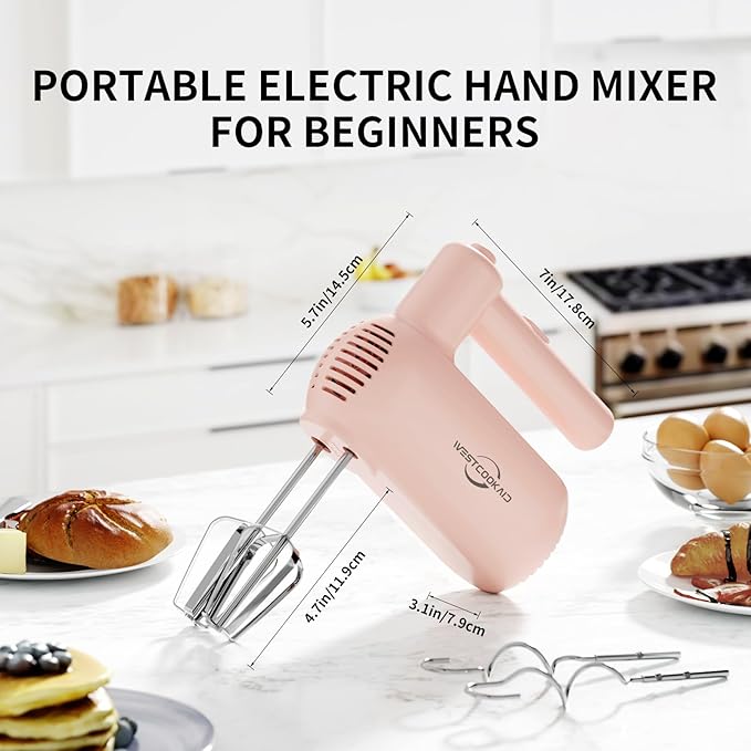 Hand Mixer Electric, 5 Speed Hand Mixer Electric Handheld with Turbo, WESTCOOKAID Lightweight Stainless Steel Beaters, Dough Hooks, Blending or Cooking (Pink)