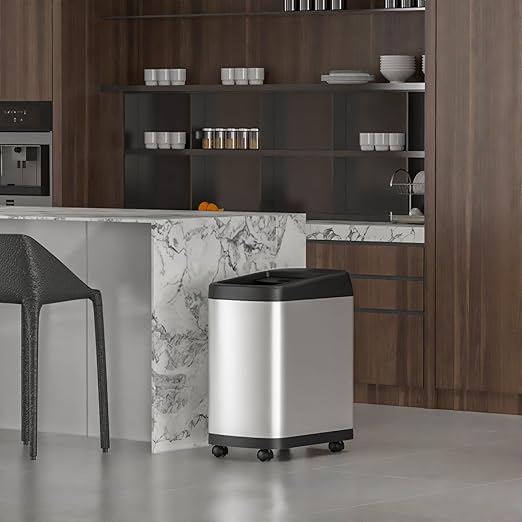 ELLO&ALLO 13 Gallon Automatic Touchless Motion Sensor Kitchen Trash Can with Roll Up Lid, Wheels, Brushed Stainless Steel Finish, Rectangular