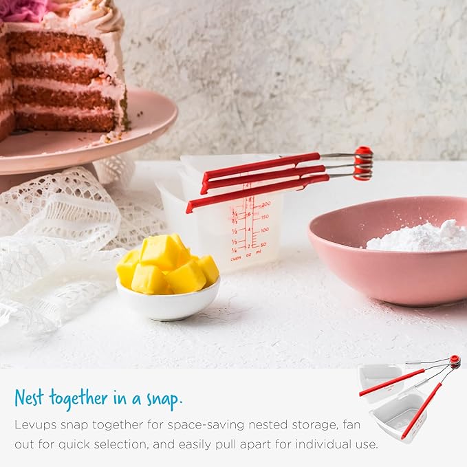 Dreamfarm Levups Self-Levelling Measuring Cup Set, Metric & Imperial Measurements up to 1 Cup - Pack of 4, Red