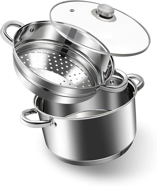 AuFranc® 4 Quart 18/10 Stainless Steel Tri-ply Stockpot and Steamer with Tempered Glass Lid, Multipurpose Steamer Pot Compatible with All Cooktops, Non-Toxic Soup Pot, Oven & Dishwasher Safe (Silver)