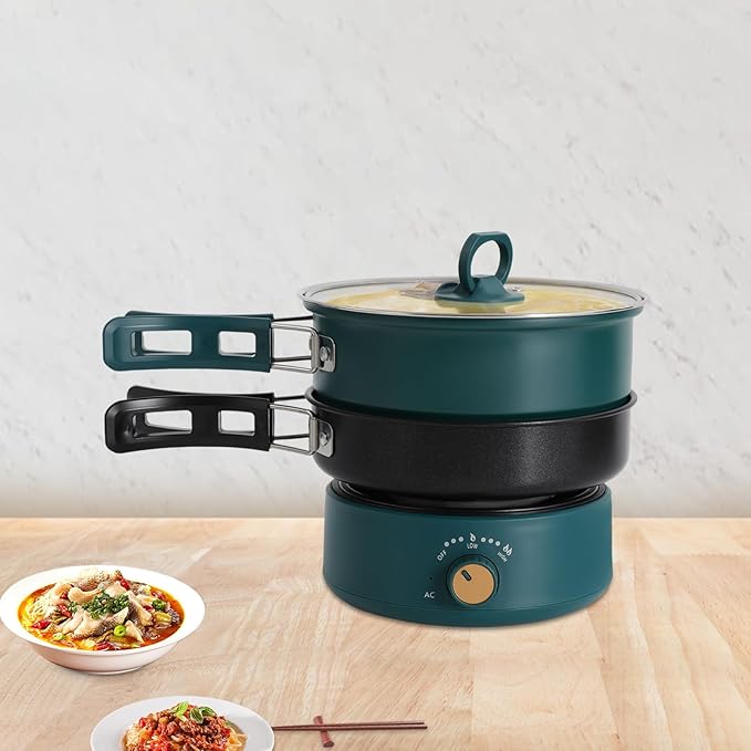 Multifunctional Electric Cooker，500W 110V Folding Portable Multi-Functional Non-Stick Split Electric Hot Pot,1.6L Mini Ramen Cooker for Pasta, Soup, Oatmeal Steak, Eggs StirFrying (green)