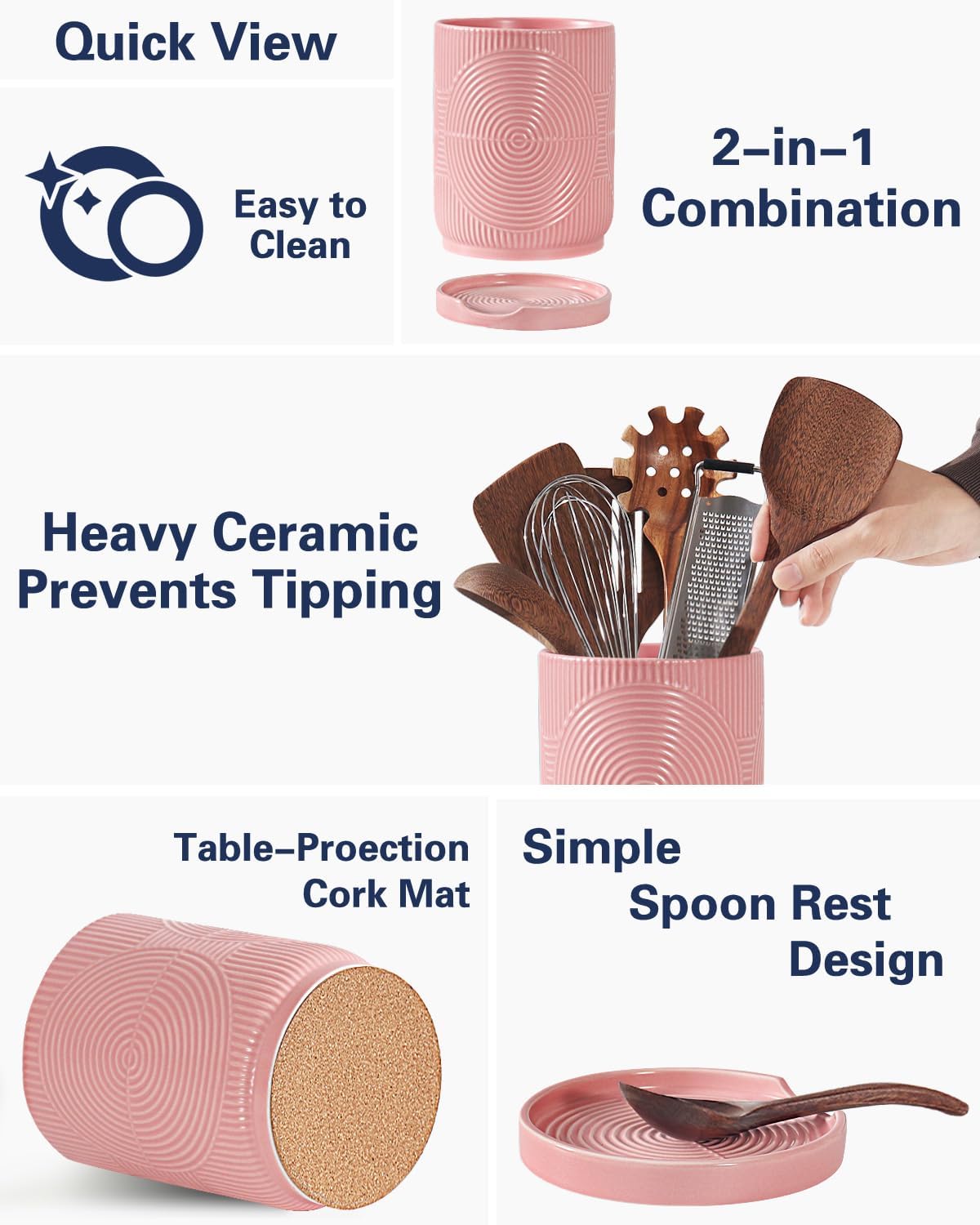 Utensil Holder, 7.2" Kitchen Utensil Holder for Counter, 2-in-1 Ceramic Cooking Utensils Holders with Spoon Rest, Utensil Crock for Spatula, Ideal Housewarming Gift(Pink)
