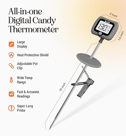 Digital Candy Thermometer with Pot Clip, 10" Long Stainless Steel Probe, Instant Read Kitchen Thermometer for Cooking, Baking, and Candy Making (Grey)