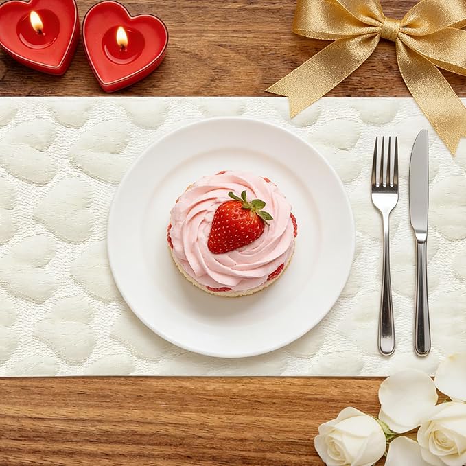 Table Runner 13x72 Inch for Valentine's Day, 3D Heart Shape Winter Holiday Decorative Farmhouse Table Decorations for Kitchen Dinning, Indoor Outdoor Dinner Party Decor (White)